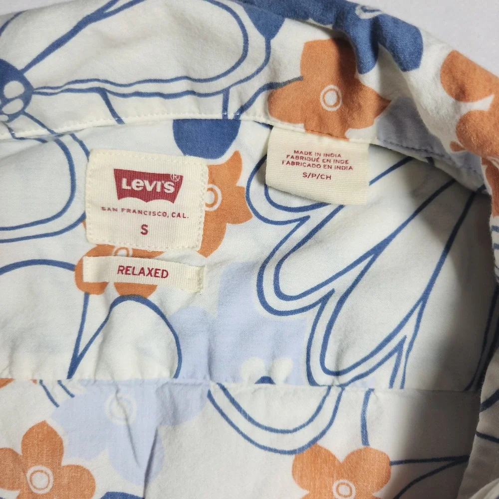 Levi's Mens Blue Orange Floral Button Up Shirt Short Sleeve Coastal Hawaiian